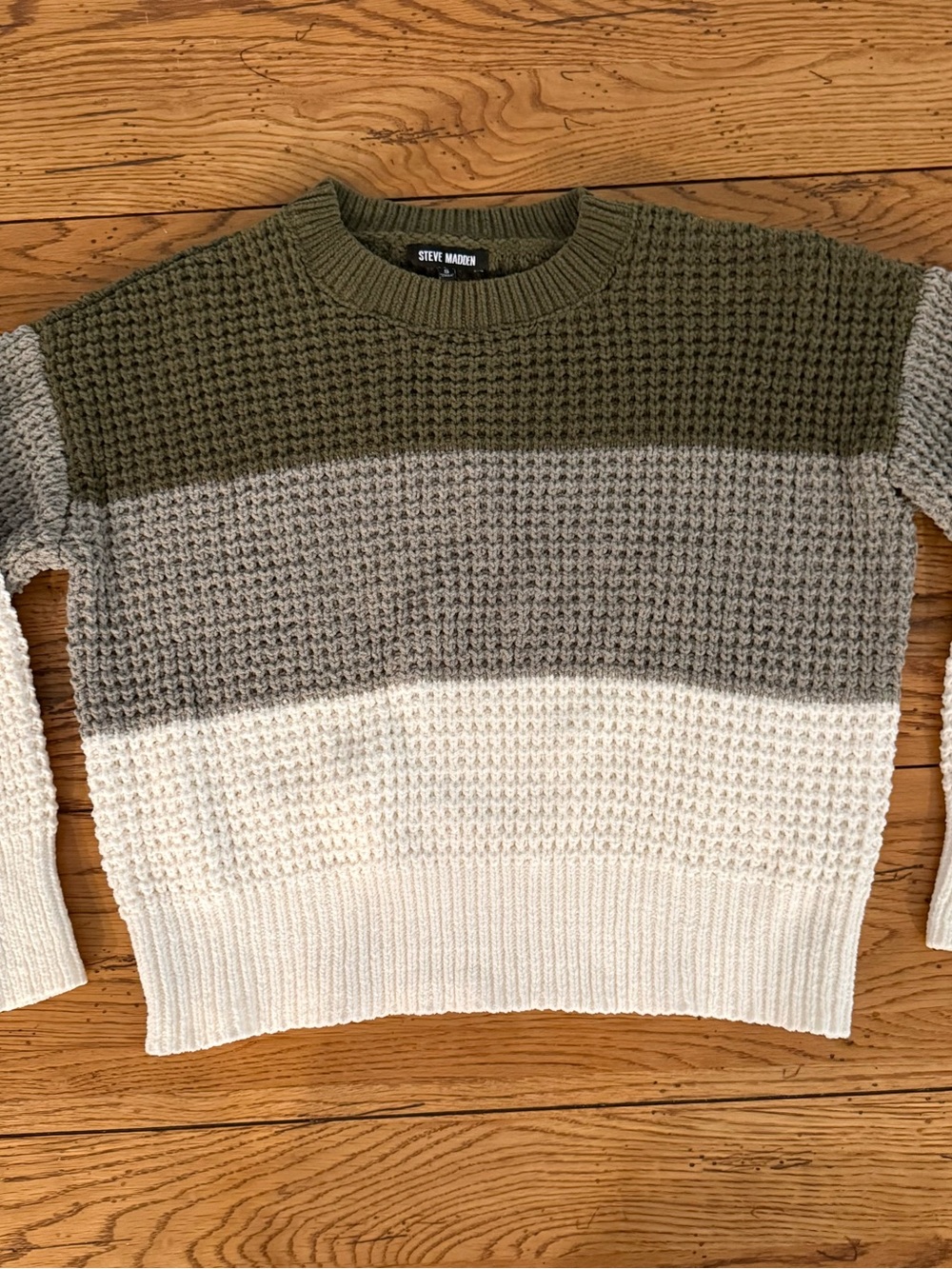 Steve Madden Olive, Taupe & Cream Colorblock Waffle-Knit Crewneck Sweater SZ S